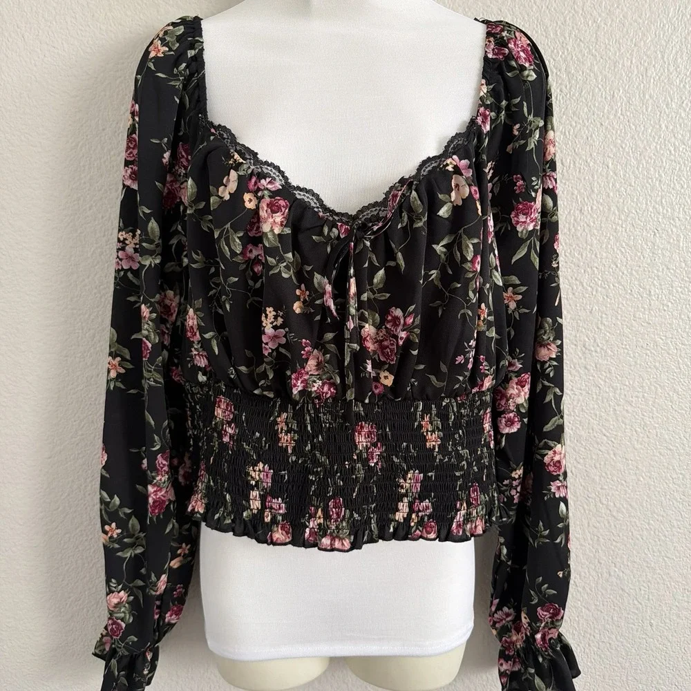 1X XL Floral Boho Off the Shoulder Top Blouse Puff Sleeve Peasant Lace Trim - Picture 1 of 15